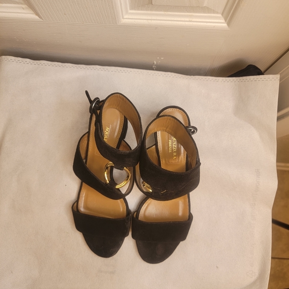AQUAZZURA CAMEL SUEDE SAFARI LEATHER GOLD RING MID HEEL ANKLE STRAP  SANDALS - Picture 13 of 16